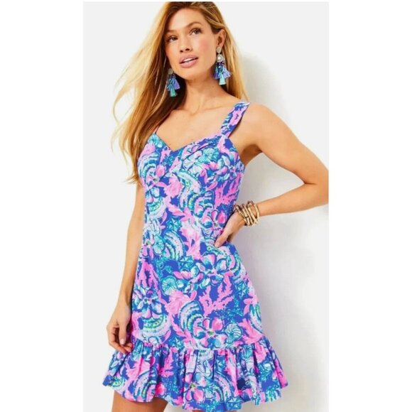 EUC Lilly Pulitzer Pink and Blue Floral Romper Mini Dress, Size 2 - Picture 1 of 16